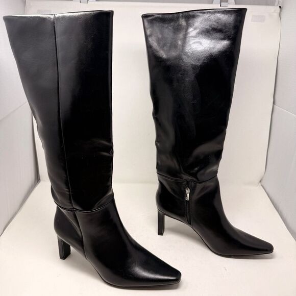 Black 90s Tall Heeled Pointed Toe Calf Boots Faux Leather Size 11 - Picture 1 of 9
